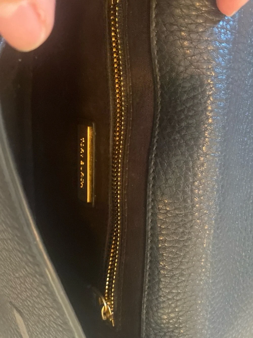 Tory Burch Chelsea Black Pebbled Leather Chain Crossbody with Gold Emblem